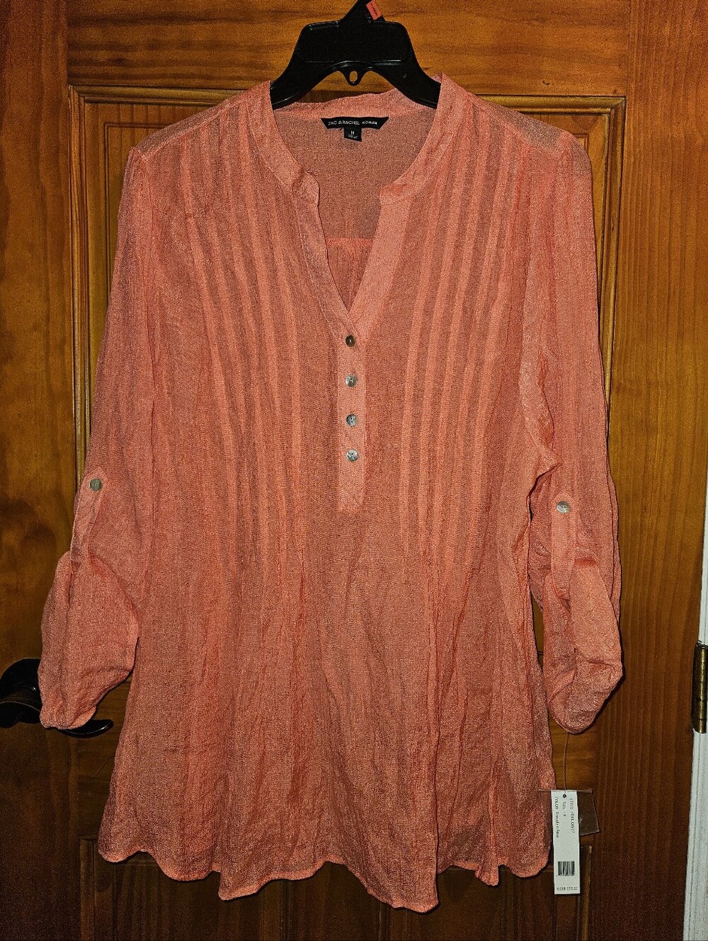 Zac & Rachel Button pintuck henley tunic 3/4 sleeves Coral salmon 1X NWT